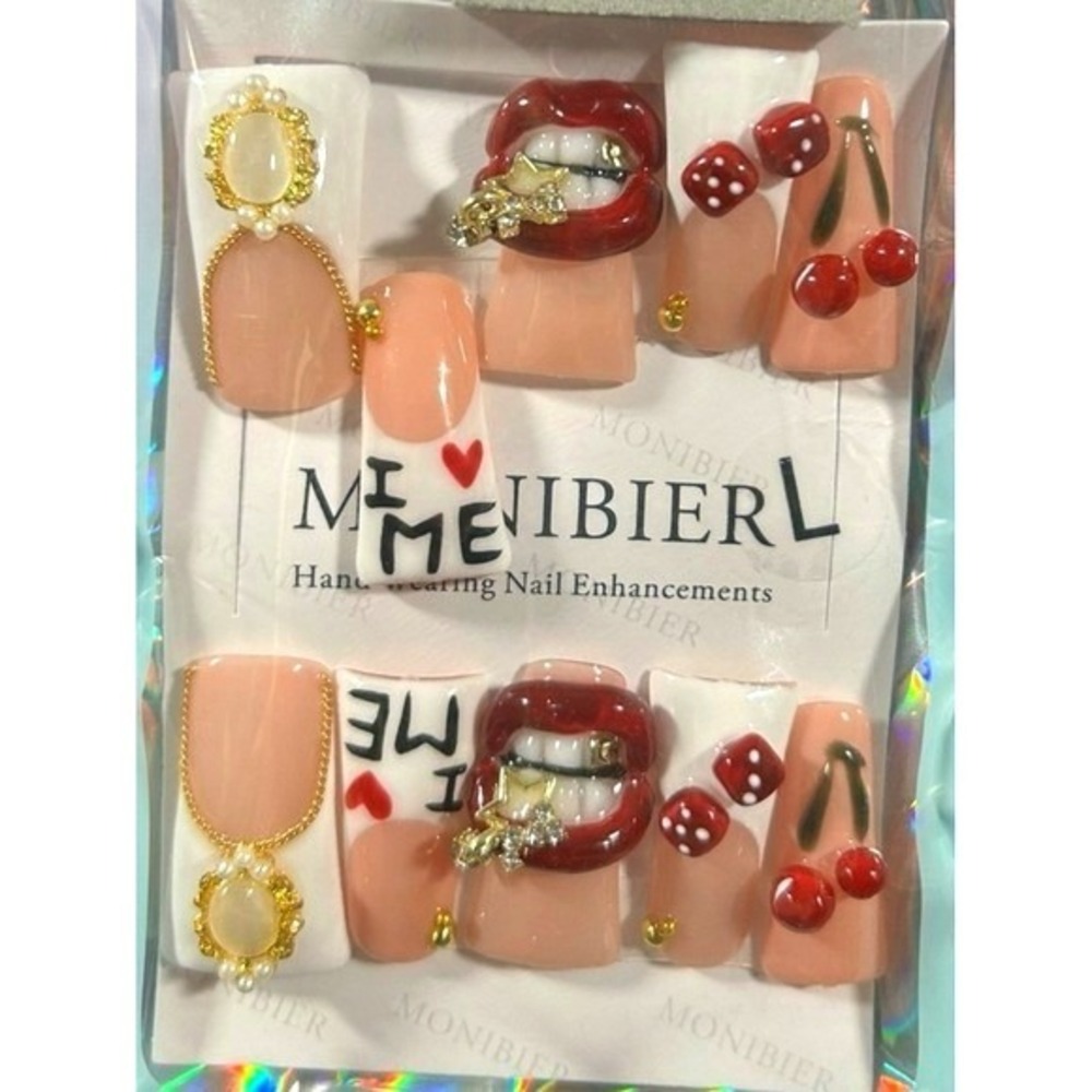 Y2K Cherry Lips Press On Nails 3D Kawaii Glam Dice Red Lip Wide Duck Fan Thug